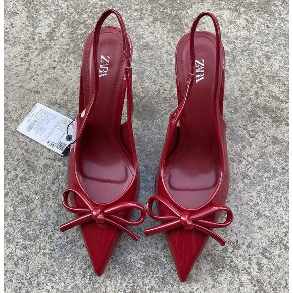 ZARA Patent Pointed Toe Slingback Heels NWT – Red Bow Pumps, Size 6.5–10 - Picture 5 of 16